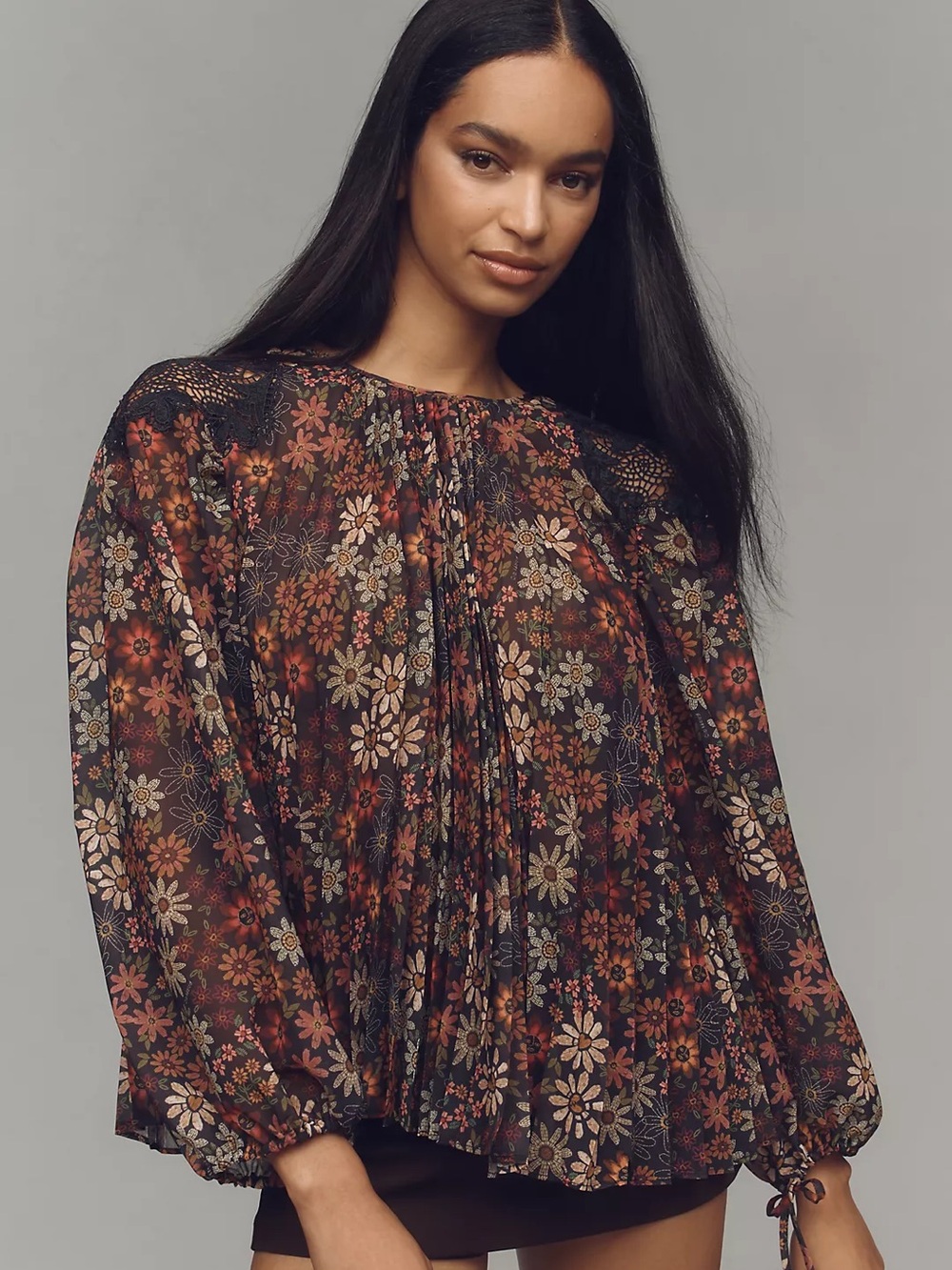 Farm Rio Black Sheer Floral Pleated Blouse